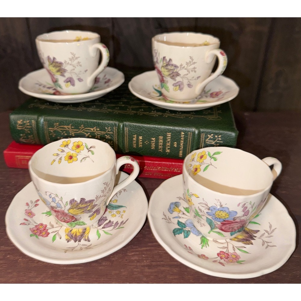 Spode Copeland Gainsborough Fancy Floral Tea Cups Saucers Set of‎ 4 Vintage